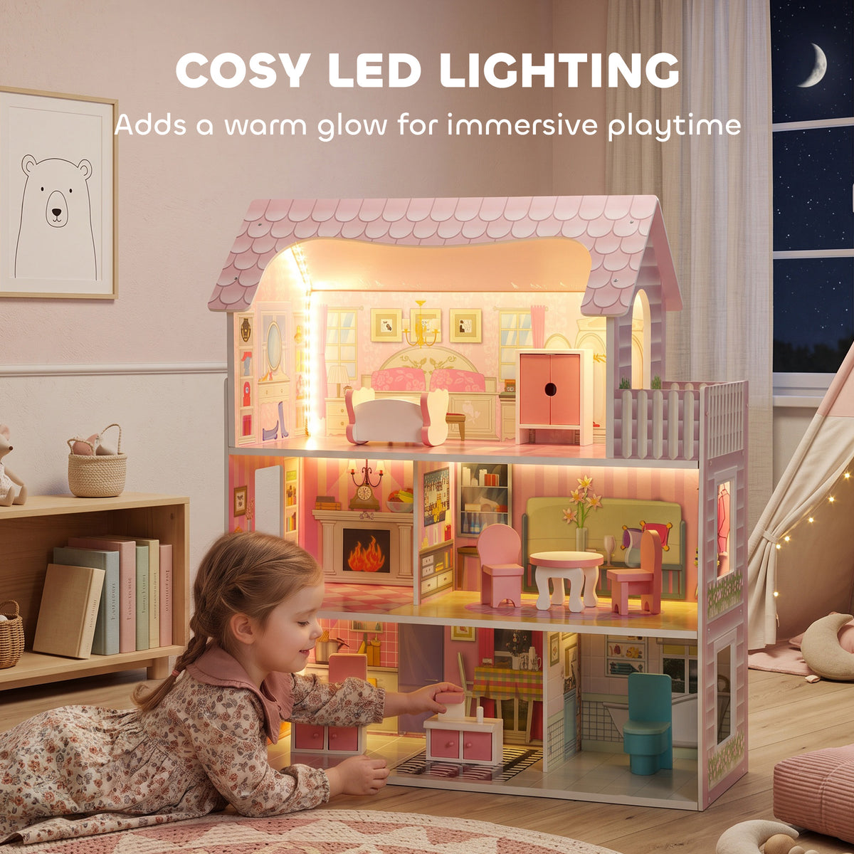AIYAPLAY Pink 3-Storey Dolls House | 70cm MDF Dollhouse with LED Strip & Balcony | 8 Furniture Pieces | Open-Front Play | Ages 3–6
