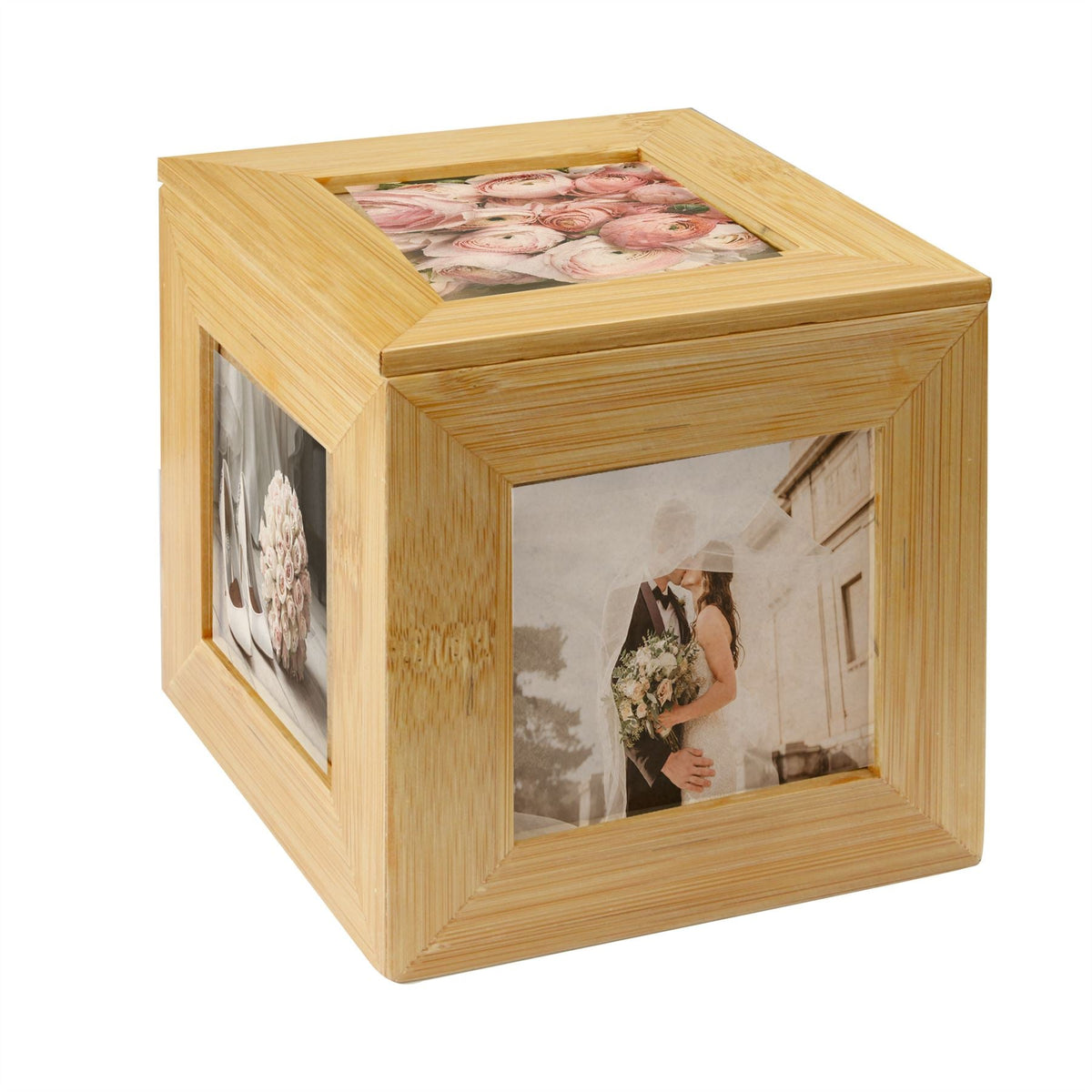 Maison & White Bamboo Photo Cube & Keepsake Box | 5 Photo Frames 7.5x7.5cm | Lidded Storage for Jewellery Cards Trinkets | Sustainable Bamboo | 12x11.6x11.6cm | Birthday Wedding Gift | 2-Year Guarantee