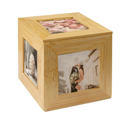 Maison & White Bamboo Photo Cube & Keepsake Box | 5 Photo Frames 7.5x7.5cm | Lidded Storage for Jewellery Cards Trinkets | Sustainable Bamboo | 12x11.6x11.6cm | Birthday Wedding Gift | 2-Year Guarantee