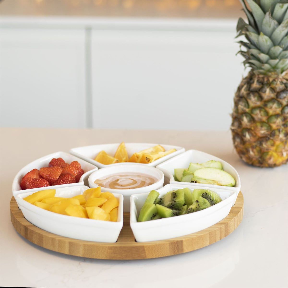 Maison & White Bamboo Lazy Susan Dip Set | 6 Removable White Ceramic Bowls | 360° Rotating Snack Server | 30.5cm