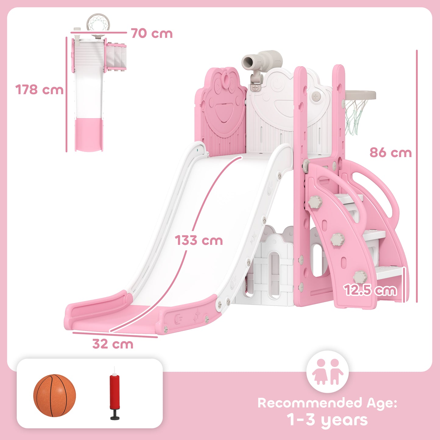 5-in-1 Kids Slide Set with Basketball Hoop, Climbing Frame, Telescope & Storage Box – Anti-Slip Steps, HDPE, Ages 1–3 – Pink