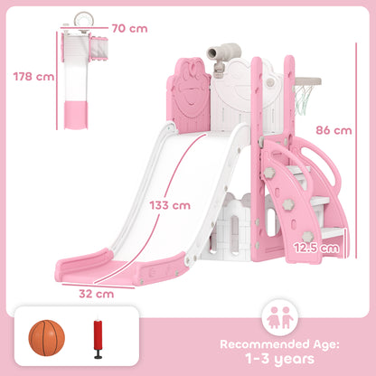 5-in-1 Kids Slide Set with Basketball Hoop, Climbing Frame, Telescope & Storage Box – Anti-Slip Steps, HDPE, Ages 1–3 – Pink