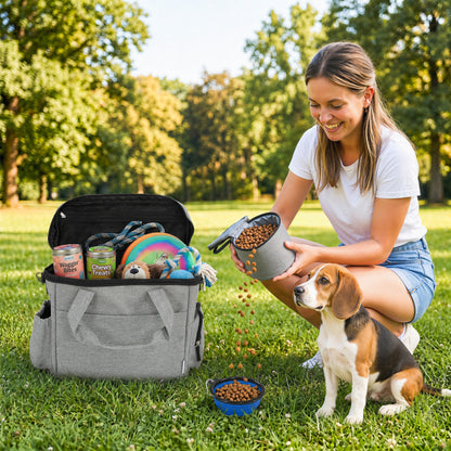 Pet Travel Bag | 2 Insulated Food Containers | Collapsible Bowl | Multiple Pockets | Waterproof 300D Fabric | Adjustable Shoulder Strap | Dogs & Cats | 38 x 17 x 35cm | Light Grey