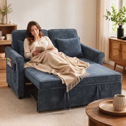 2 Seater Sofa Bed | Dark Blue Chenille Convertible Sleeper with 5-Position Backrest