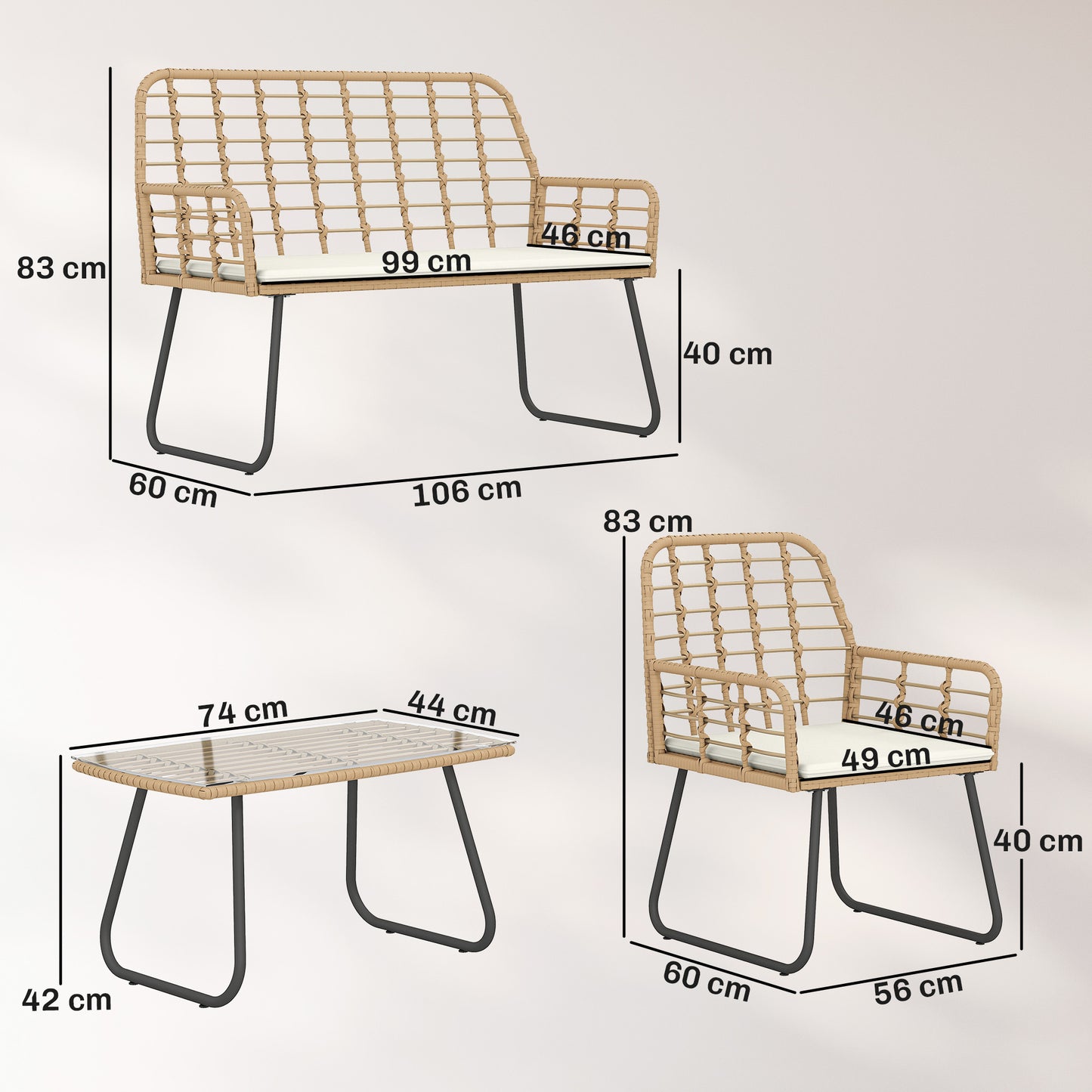 4 Piece Rattan Garden Furniture Set | Loveseat | 2 Armchairs | Coffee Table | Tempered Glass Top | PE Rattan & Metal Frame | High-Density Cushions | Washable Covers | Natural Wood