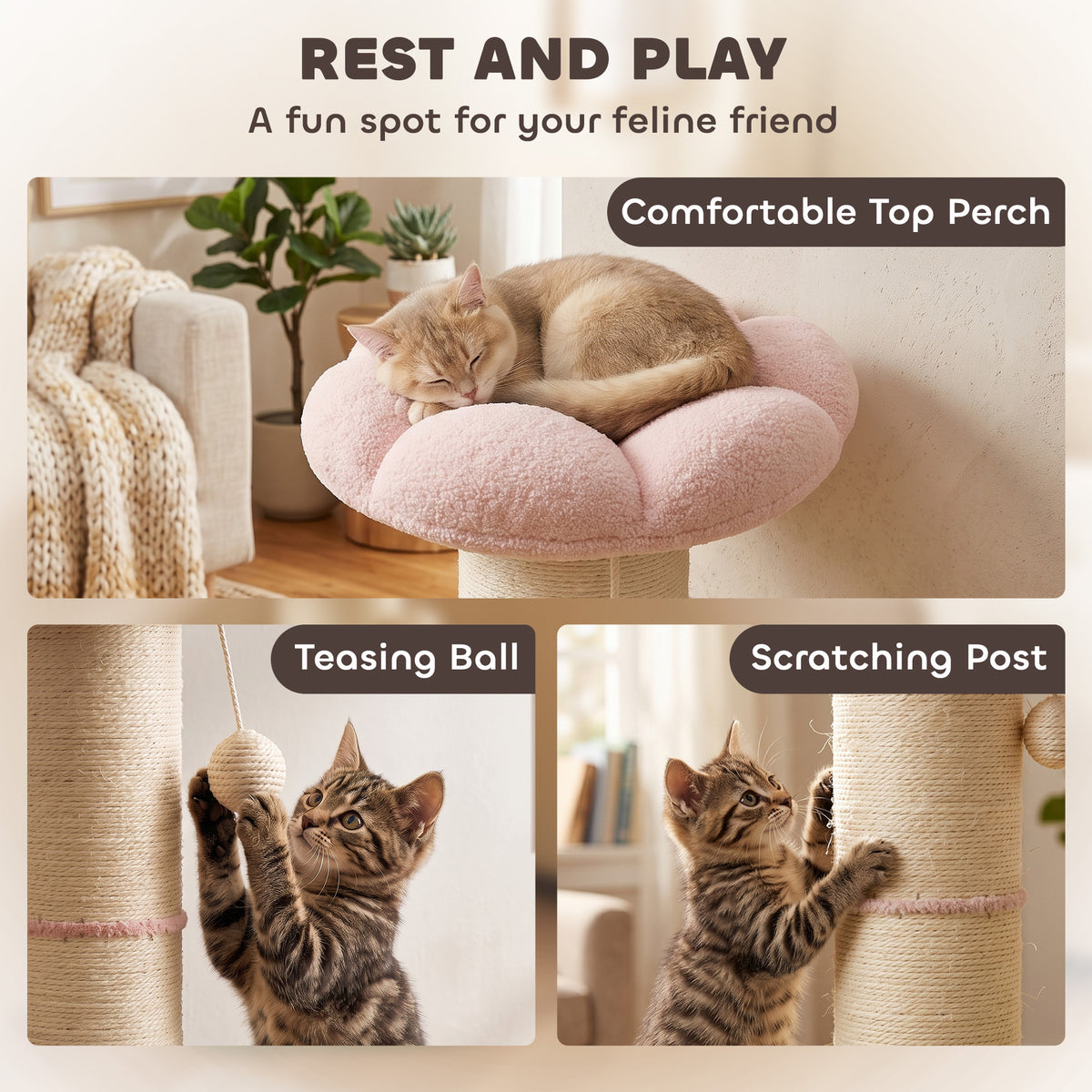 Pink & Green Compact Cat Tree | 59 cm Indoor Scratching Post with Flower Perch, Teddy Plush Bed & Spring Toys | For Cats Up to 5 kg
