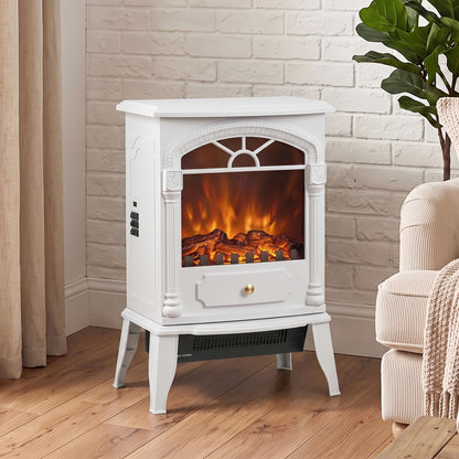 Electric Fireplace Stove | White Portable 2000W Heater with 3D Flame Effect & Thermostat