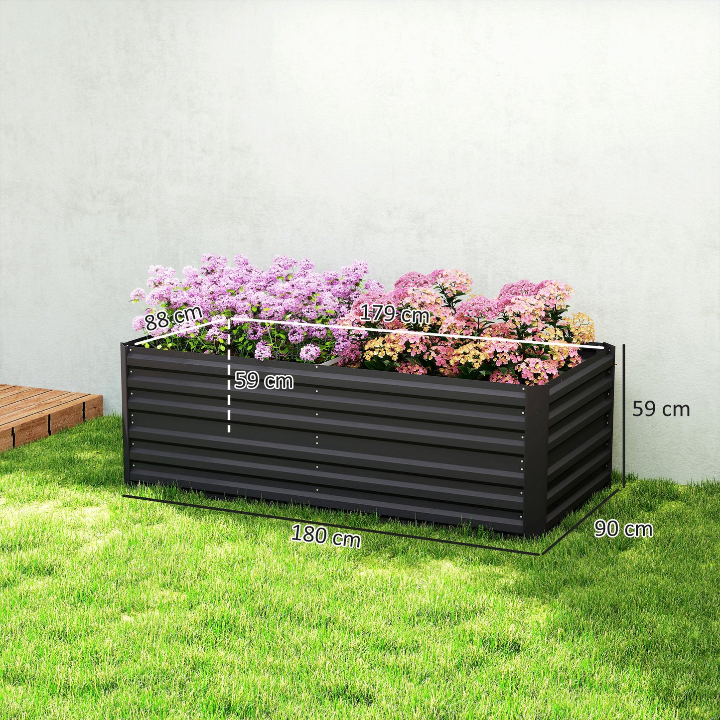 Deep Galvanised Steel Raised Garden Bed | Multi-Reinforced Rods | Protective Coating | Open Bottom | Indoor & Outdoor | 180x90x59cm | Plants Veg Herbs & Flowers | Black