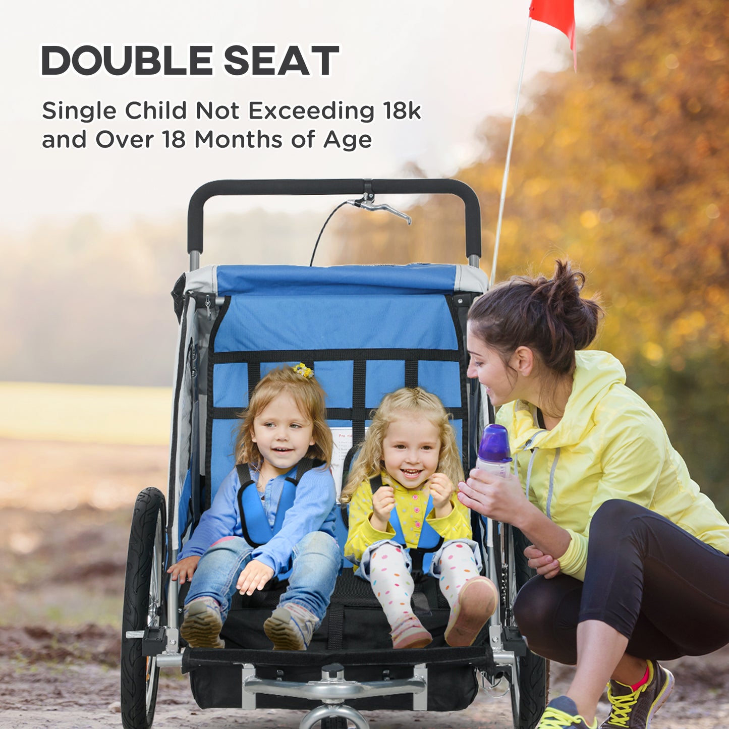 2 Seat Bike Trailer with 5 Point Harness, Baby Bike Stroller with Safety Flag, Reflectors, for 18+ Months
