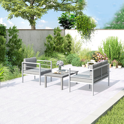 4-Piece Aluminium Garden Sofa Set | Thick Cushions | Loveseat, 2 Armchairs & Table | Charcoal Grey