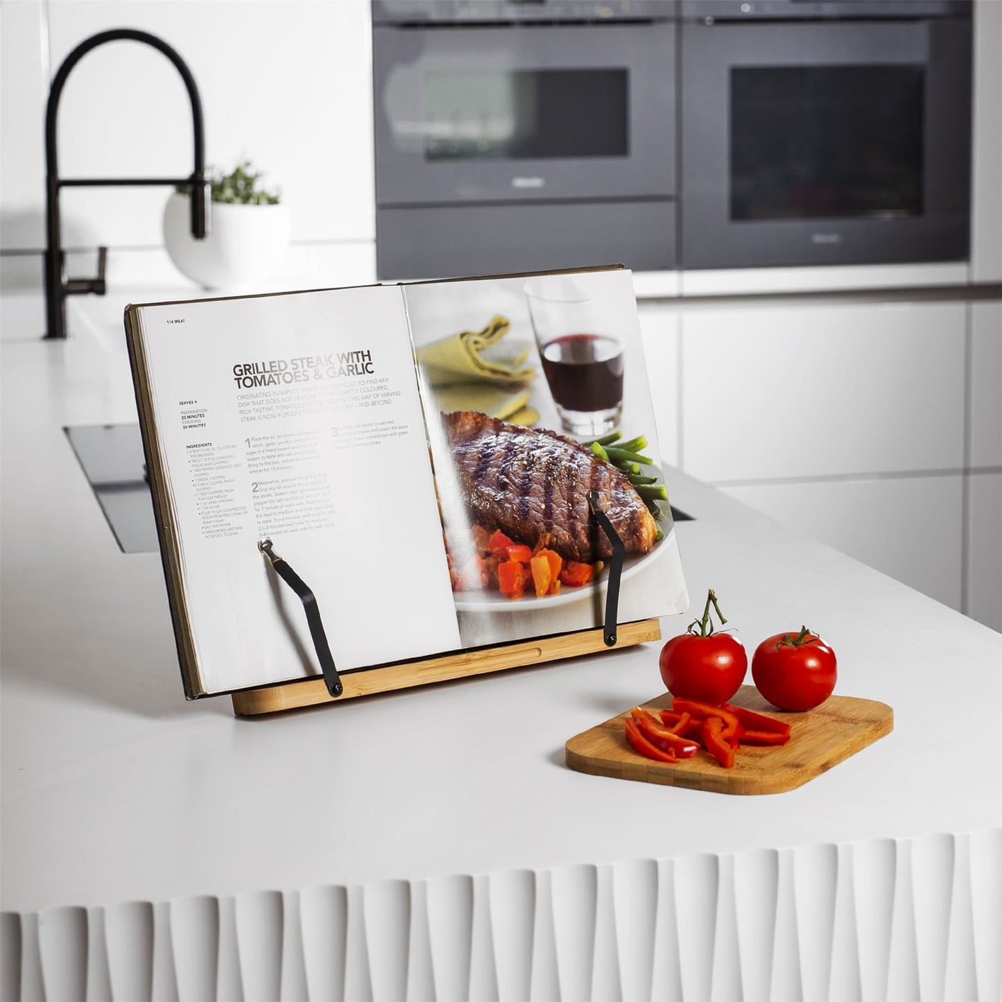Bamboo Recipe Book Stand | Adjustable & Foldable | 2 Metal Page Holders | Tablet Rest | Water-Resistant | 33.5x24x4.4cm | 2-Year Warranty
