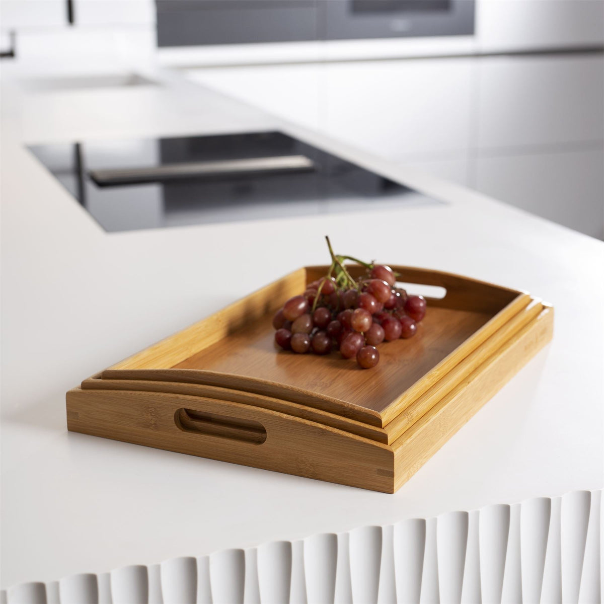 Maison & White Bamboo Serving Trays | Set of 3 Nesting Rectangular Trays | Raised Edges & Carry Handles | Natural Finish
