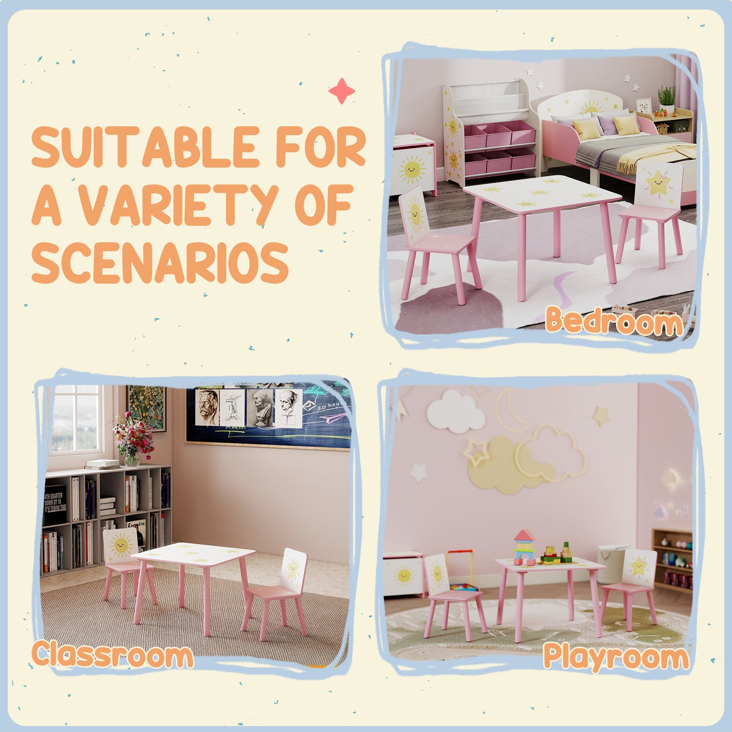 AIYAPLAY 3-Piece Toddler Table and Chair Set, Kids Table with 2 Chairs Set for Bedroom, Nursery, Playroom
