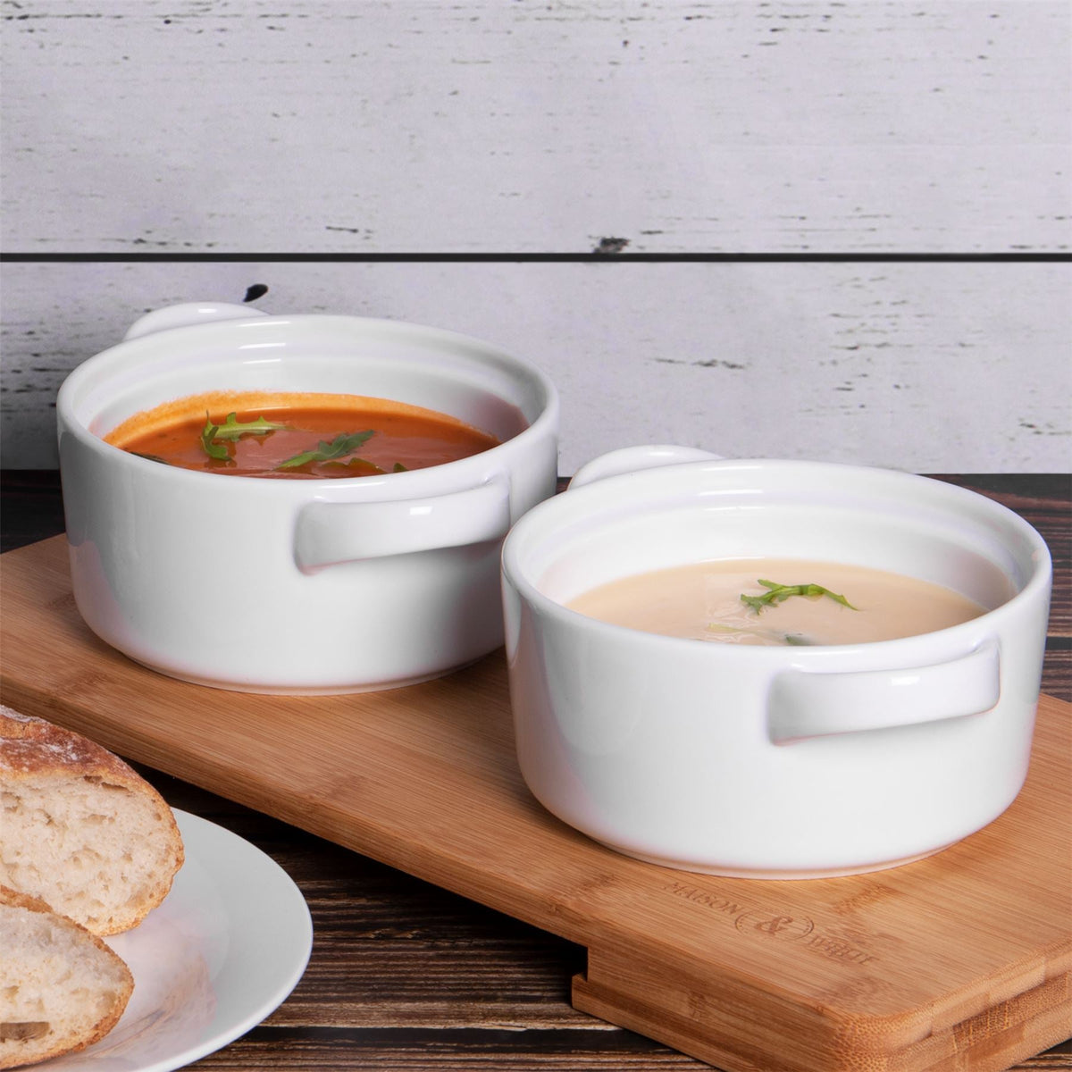 Maison & White Soup Bowls with Handles | Set of 4 × 625ml | White Stackable Ceramic Bowls for Soup, Stew & Noodles | Microwave & Dishwasher Safe