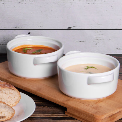 Maison & White Soup Bowls with Handles | Set of 4 × 625ml | White Stackable Ceramic Bowls for Soup, Stew & Noodles | Microwave & Dishwasher Safe
