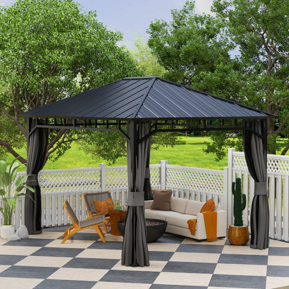 3 x 4m Hardtop Gazebo with Galvanised Steel Roof and Water Gutter, Waterproof Permanent Pavilion Garden Gazebo W/ Curtains for Patio, Deck