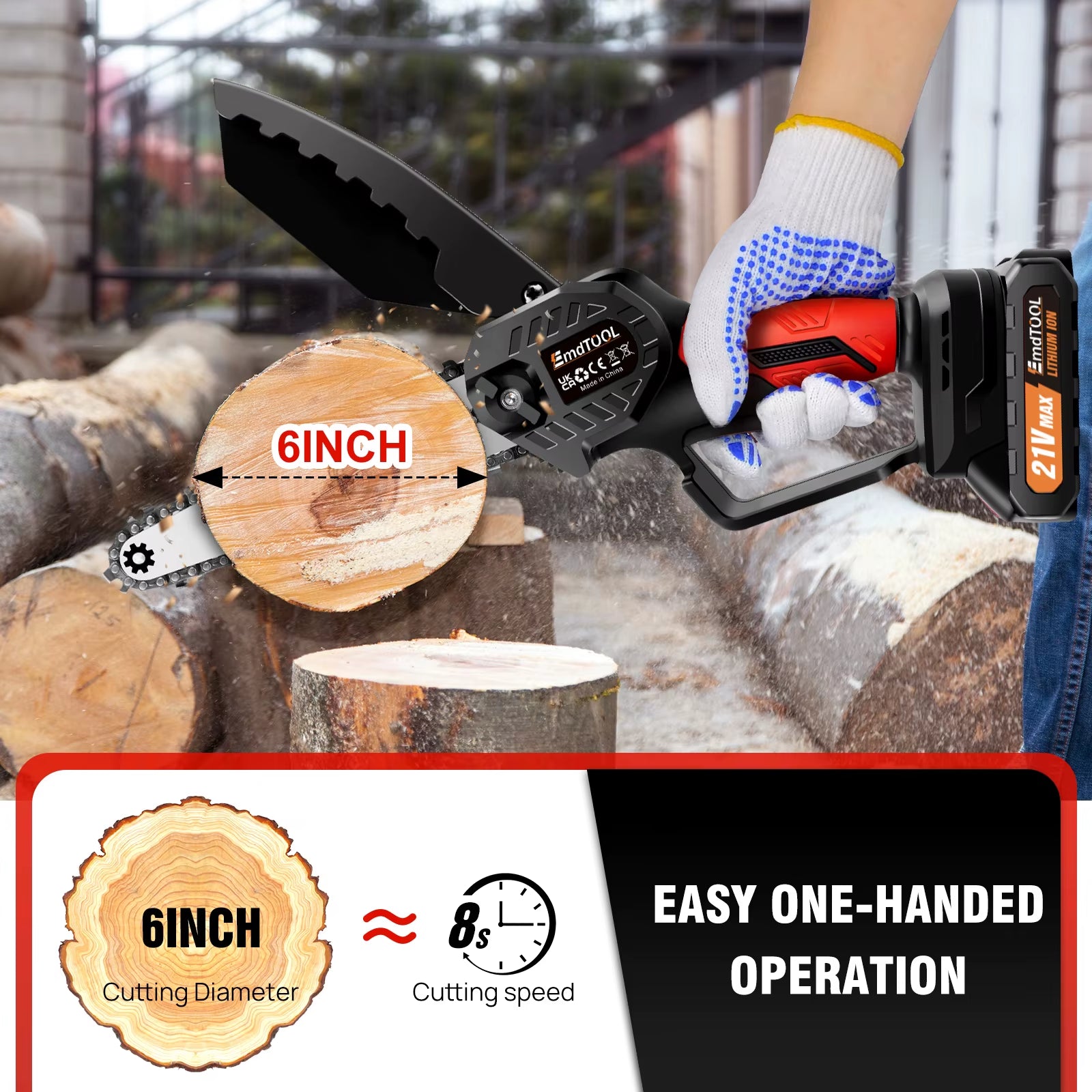 Mini Chainsaw 6 Inch Cordless, 21V Battery 5000W Chain Saw for Branch Pruning with 3Ah Battery & 2 Chains for Wood Cutting