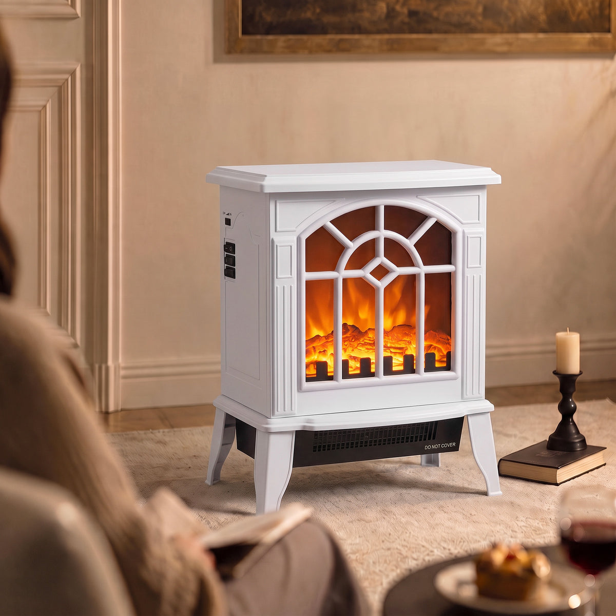 Electric Fireplace Stove | White Freestanding 2000W Heater with 3D LED Flame Effect