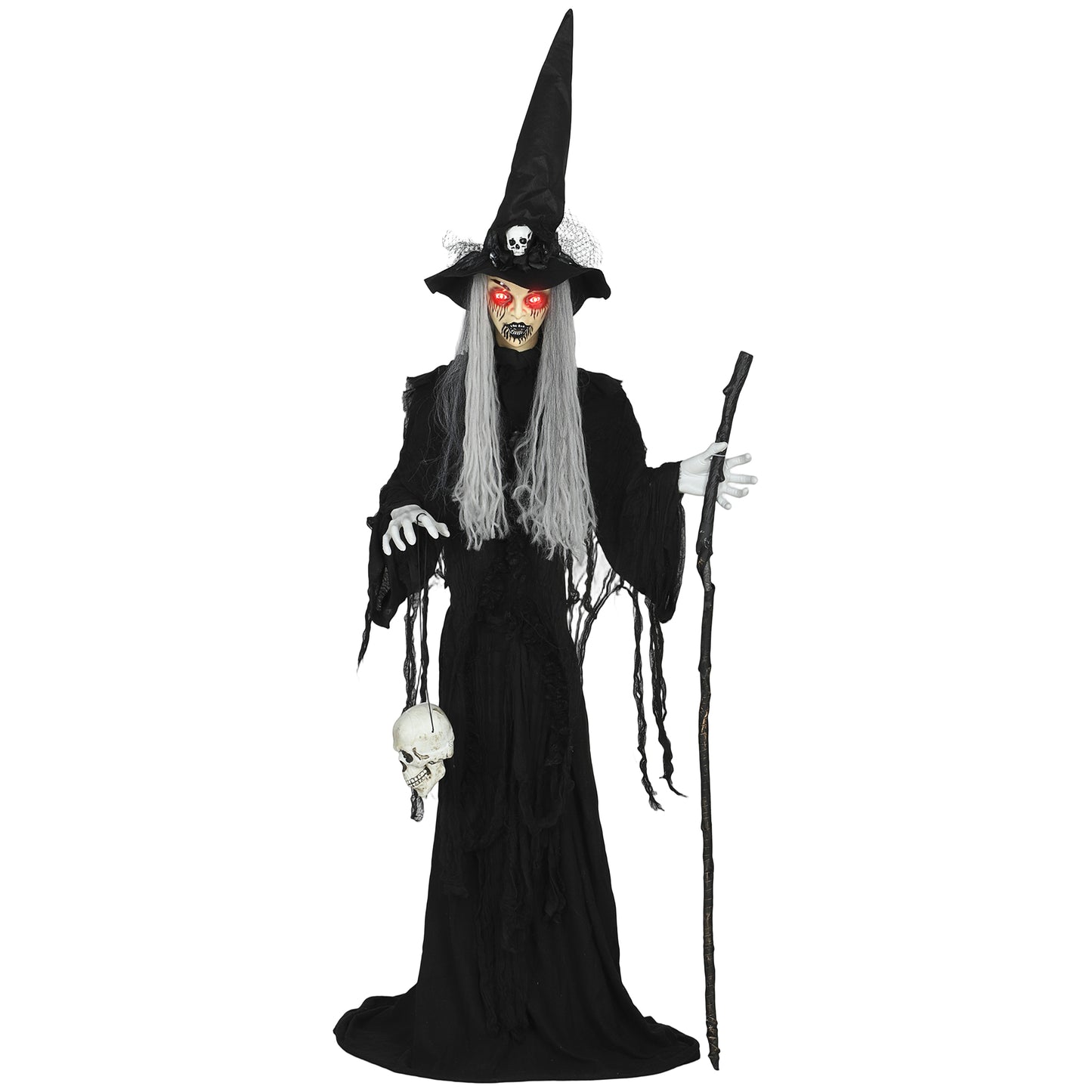 170 cm Life Size Halloween Animated Standing Witch & Staff with Glowing LED Eyes, Spooky Witch Scary Halloween Decorations, Battery Operated, Indoor Party Props