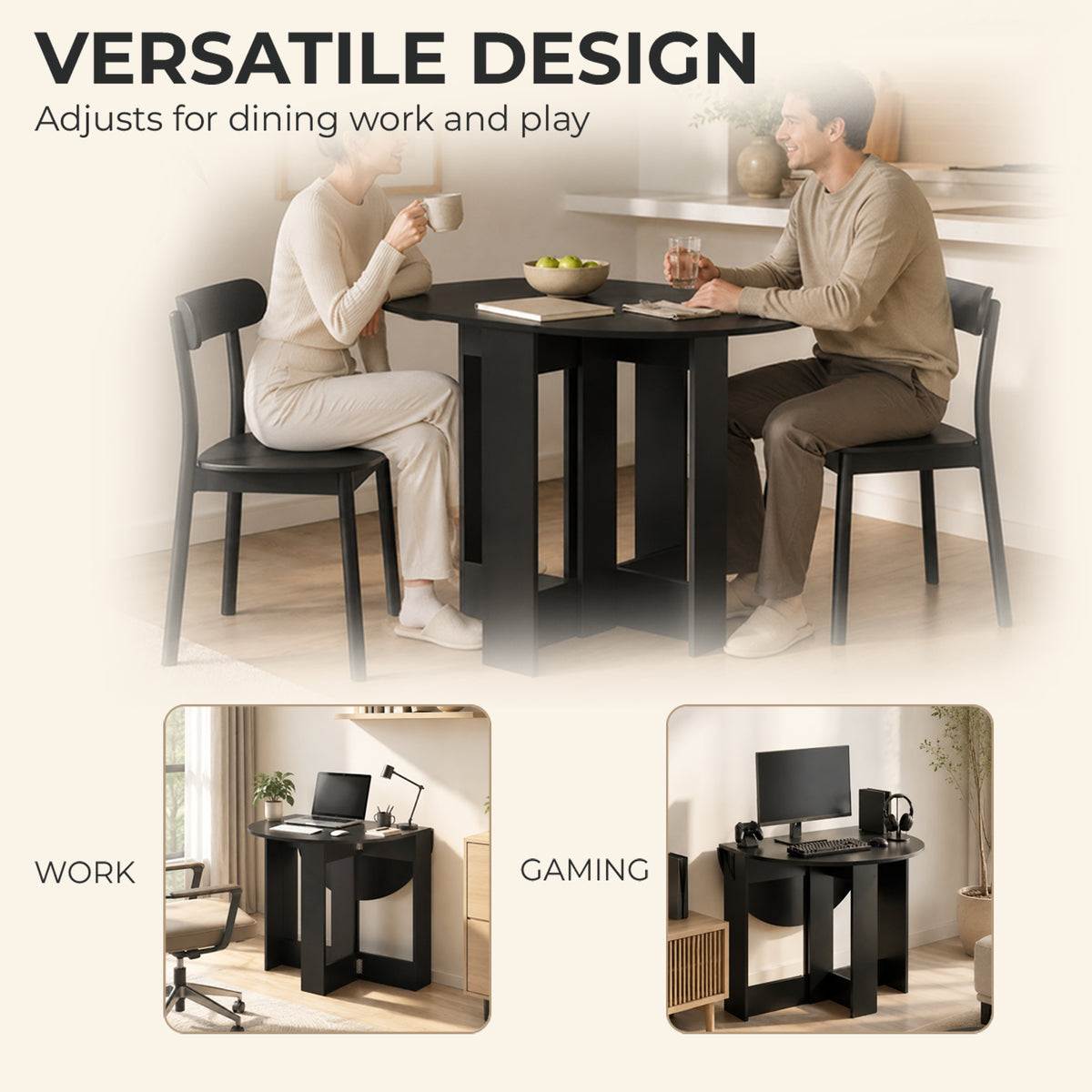 Black Drop-Leaf Dining Table | Folding Space-Saving Table with 3 Configurations | Seats 2-4 | 104 x 76 x 73.7 cm | Kitchen & Small Apartment Furniture