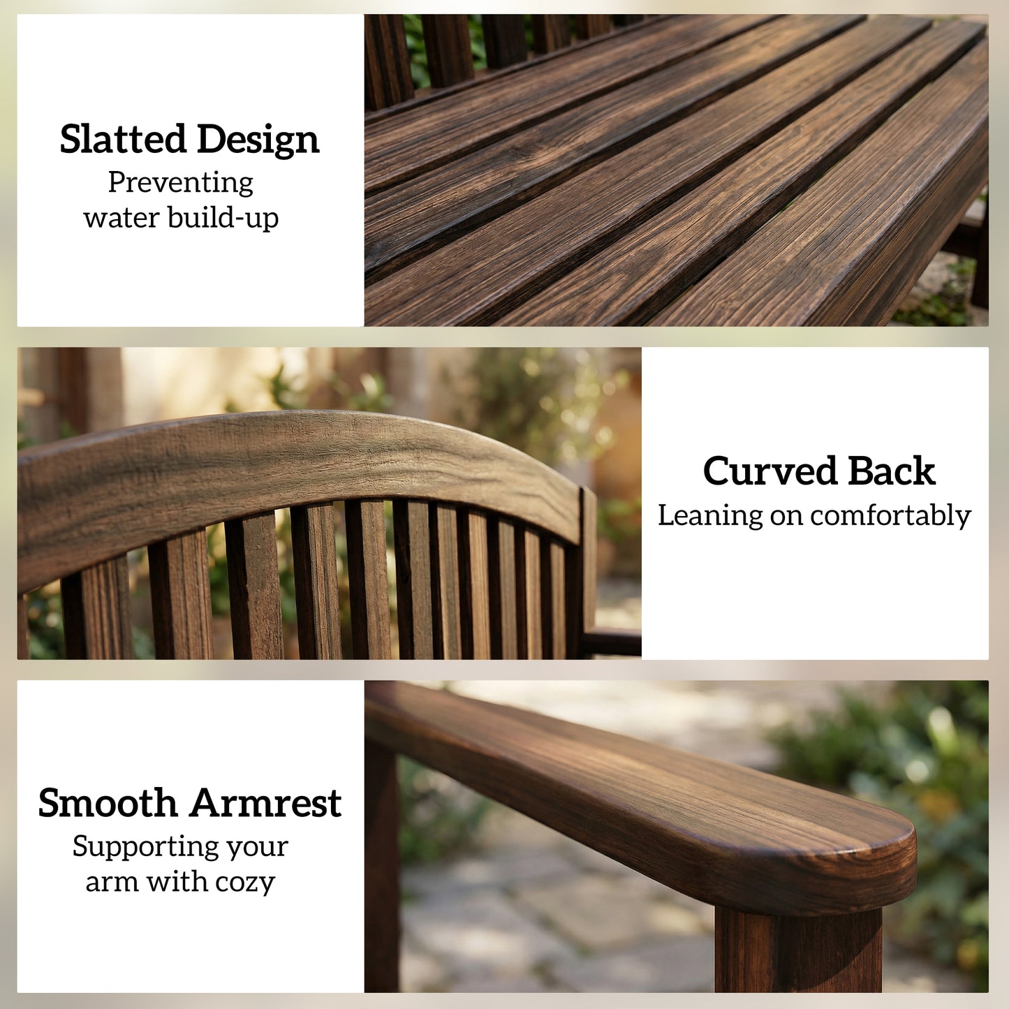 2-Seater Fir Wood Garden Bench | Curved Back | Smooth Armrests | Slatted Seat & Back | Protective Varnish | 240kg Capacity | 143x51x85cm | Carbonised Finish