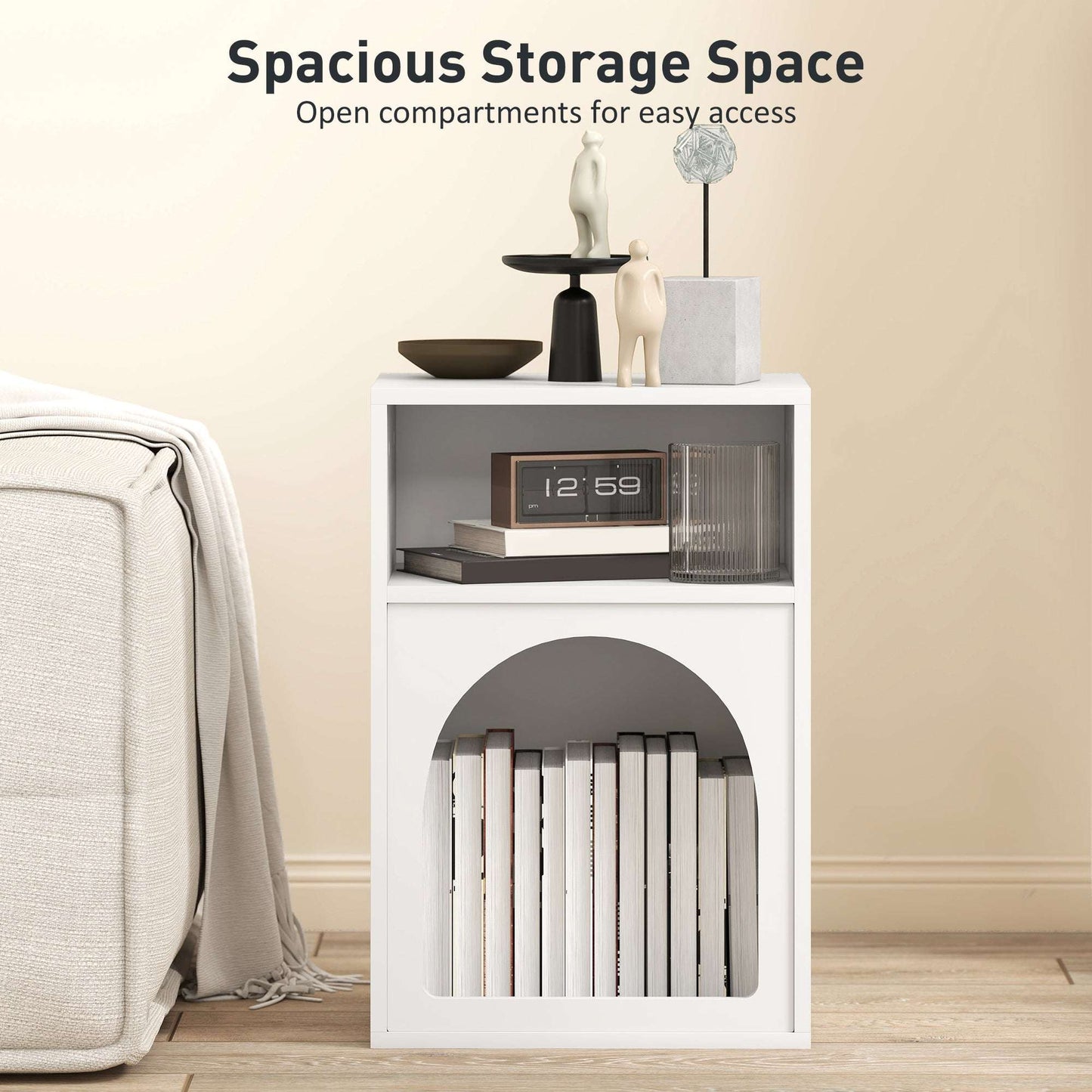 MDF Arch Bedside Table | 2 Open Compartments | Compact Design | Fits Narrow Spaces | 35kg Capacity | 40x30x60cm | White