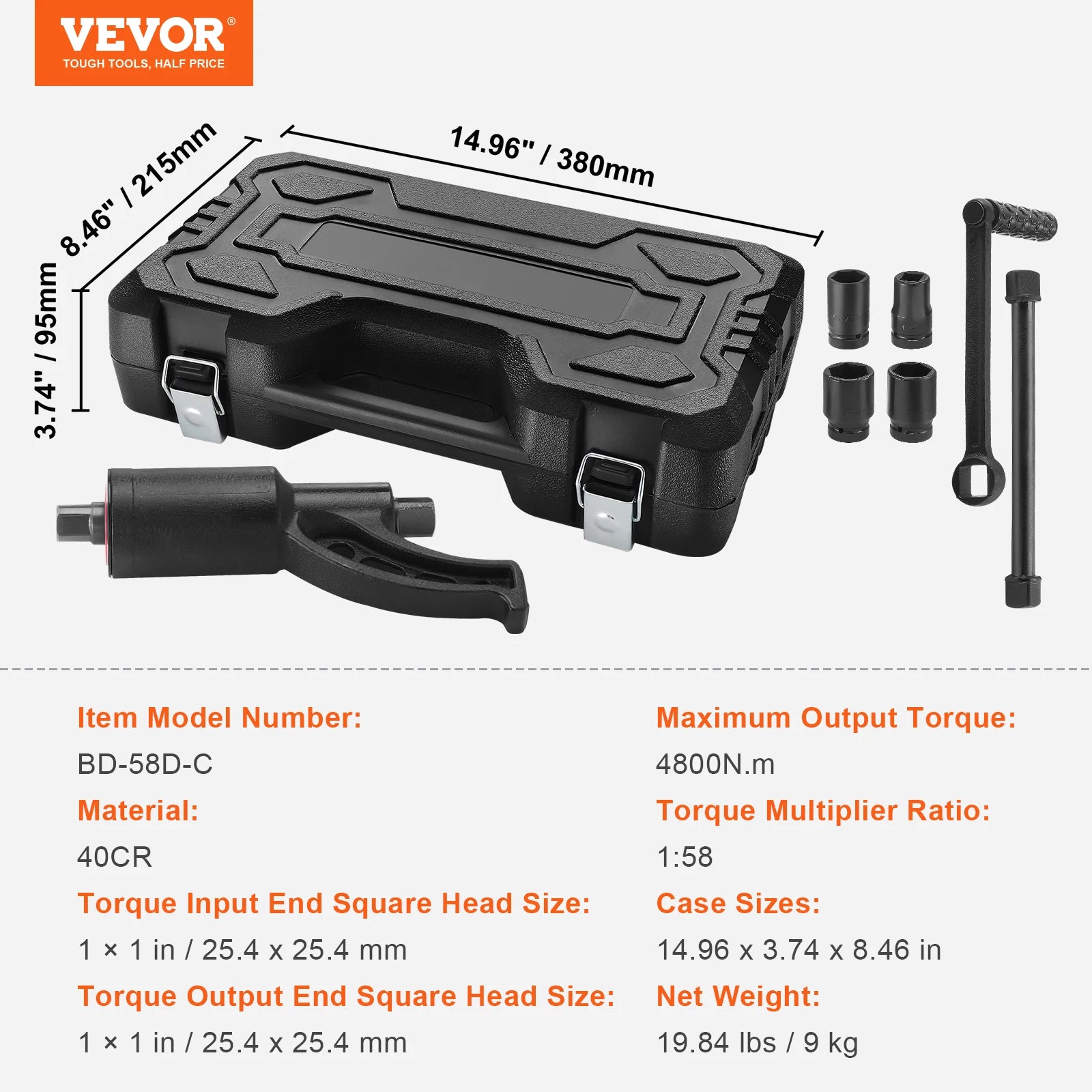 1/58 1/64 Torque Wrench Set 4/8 Sockets Multiplier Drive Lug Nut Wrench/Multiplier Heavy Duty Torque, With Case