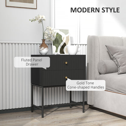 Set of 2 Bedside Tables | Ridged Drawers | Gold Handles | Metal Base | Black | 48x60cm