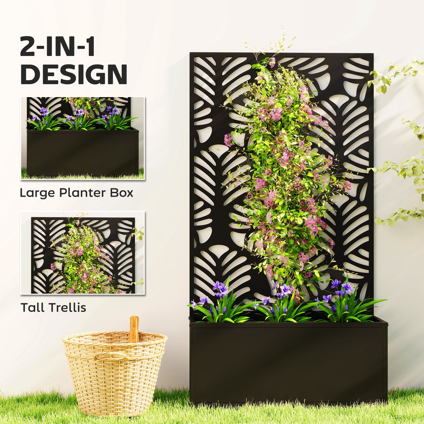 Metal Raised Planter with Monstera Leaf Trellis & Privacy Screen | Wall Mounted or Freestanding | 29L Soil | 50kg | Powder-Coated | 61x23x113cm | Climbing Plants | Black