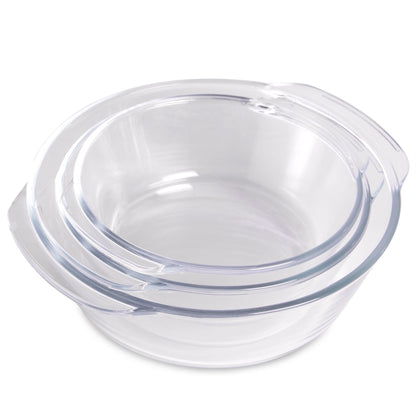 Maison & White Borosilicate Glass Cooking Dishes Set of 3 with Lids | Carry Handles | Oven Microwave Freezer Dishwasher Safe | Small Medium Large | Casserole Baking Roasting | 2-Year Warranty