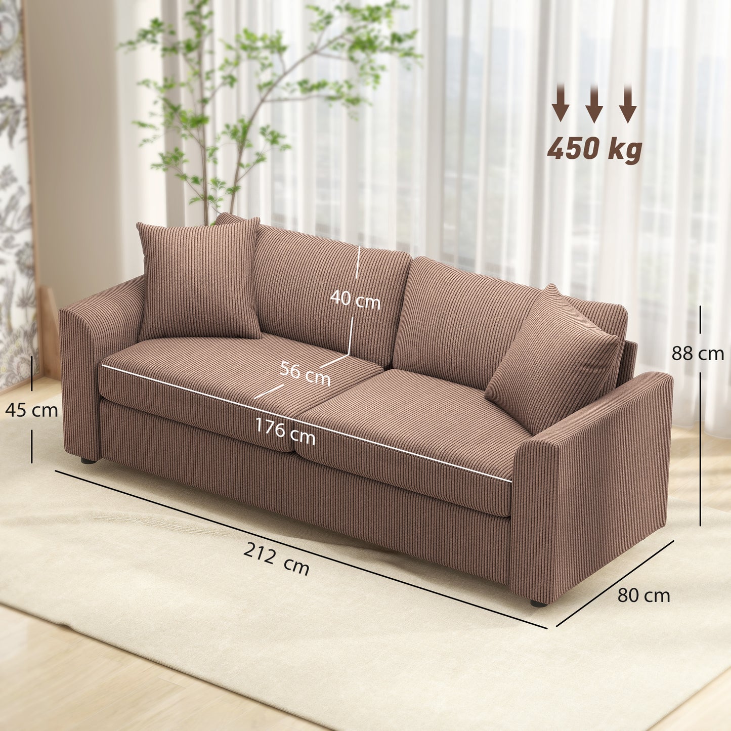 Modern 3 Seater Sofa with Spring Cushion, 212 cm Fabric Jumbo Cord Sofa Couch with 2 Scatter Cushions, Upholstered Corduroy Settee, Coffee