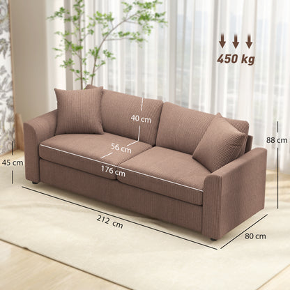 Modern 3 Seater Sofa with Spring Cushion, 212 cm Fabric Jumbo Cord Sofa Couch with 2 Scatter Cushions, Upholstered Corduroy Settee, Coffee