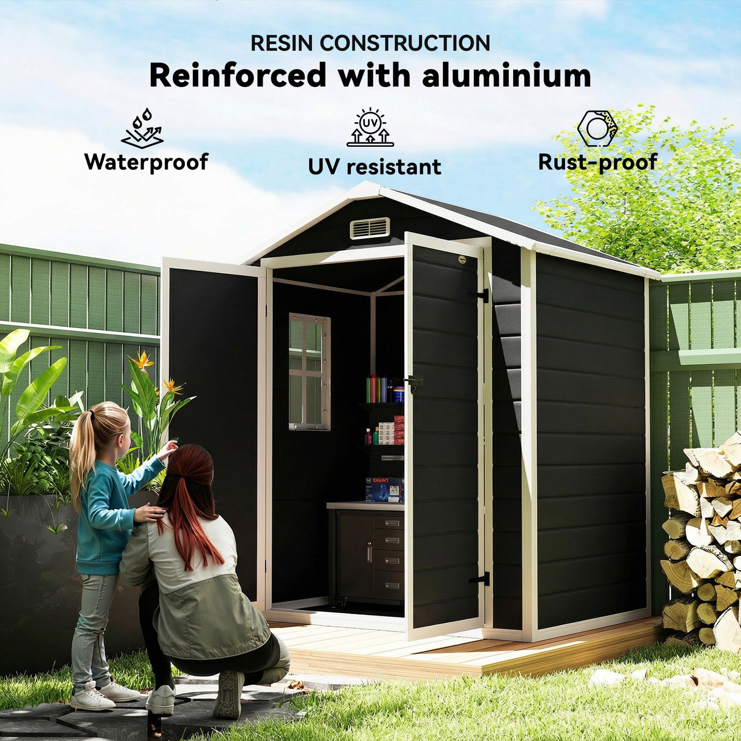 Aluminium Alloy & PP Garden Storage Shed | Double Doors | Lock & 3 Keys | Window | Vent | Sloped Roof | 40kg/m² Snow Rating | 183x134x210cm | 2.12m² | Black