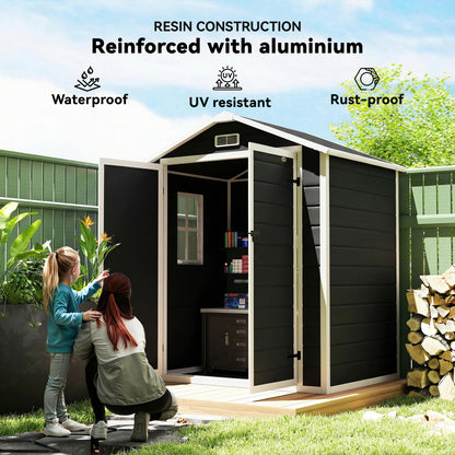 Aluminium Alloy & PP Garden Storage Shed | Double Doors | Lock & 3 Keys | Window | Vent | Sloped Roof | 40kg/m² Snow Rating | 183x134x210cm | 2.12m² | Black