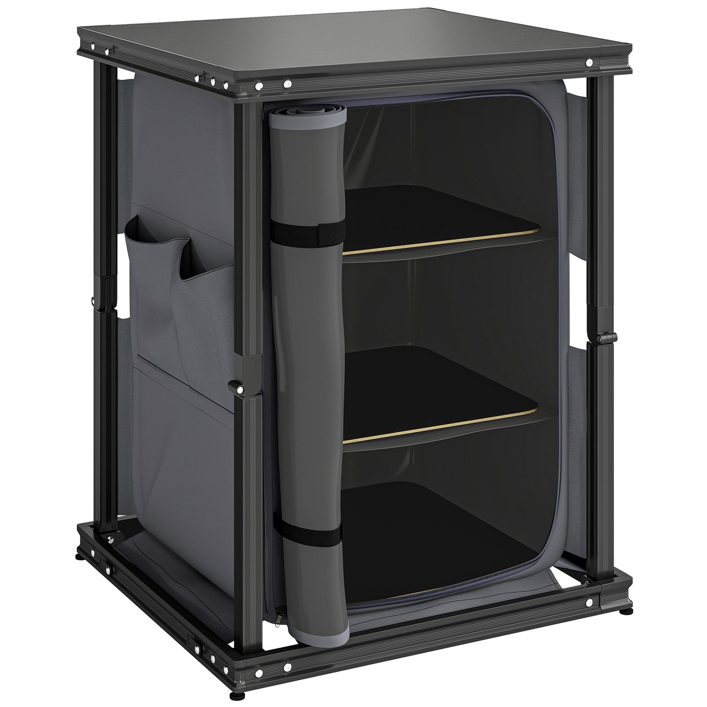 Folding Camping Kitchen Unit | 3 Shelves & 4 Pockets | Zip Cupboard | Adjustable Feet | 50kg | Carry Bag | Black