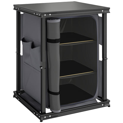 Folding Camping Kitchen Unit | 3 Shelves & 4 Pockets | Zip Cupboard | Adjustable Feet | 50kg | Carry Bag | Black