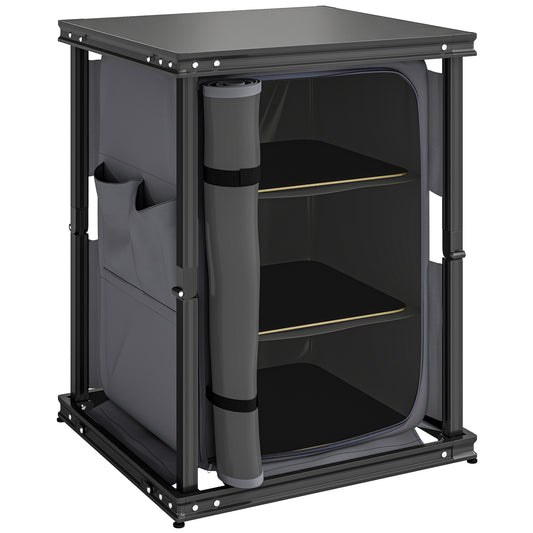 Folding Camping Kitchen Unit | 3 Shelves & 4 Pockets | Zip Cupboard | Adjustable Feet | 50kg | Carry Bag | Black