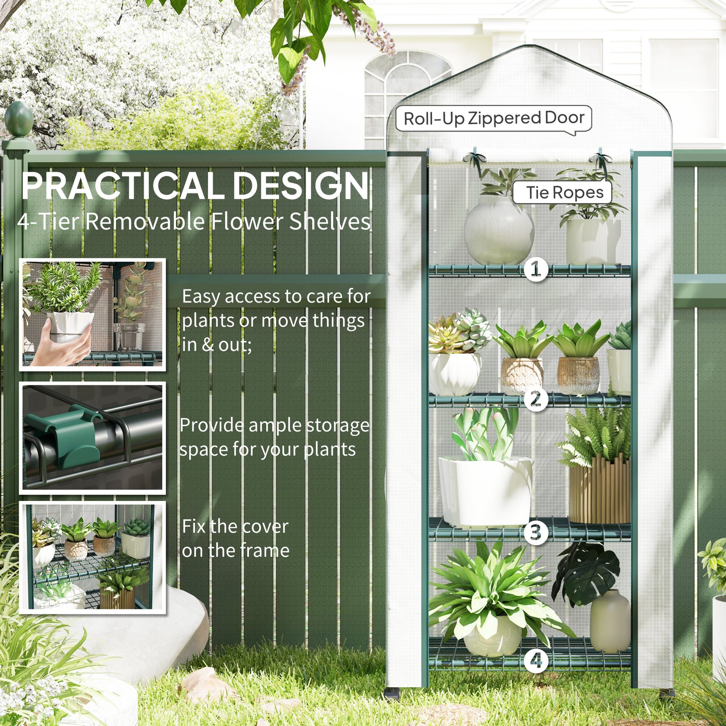 Mini Portable Greenhouse | 4 Shelves | Transparent PE Cover | Double-Zip Door | Lockable Rolling Wheels | 10kg Per Shelf | Balcony & Patio | 69 x 50 x 165cm | White
