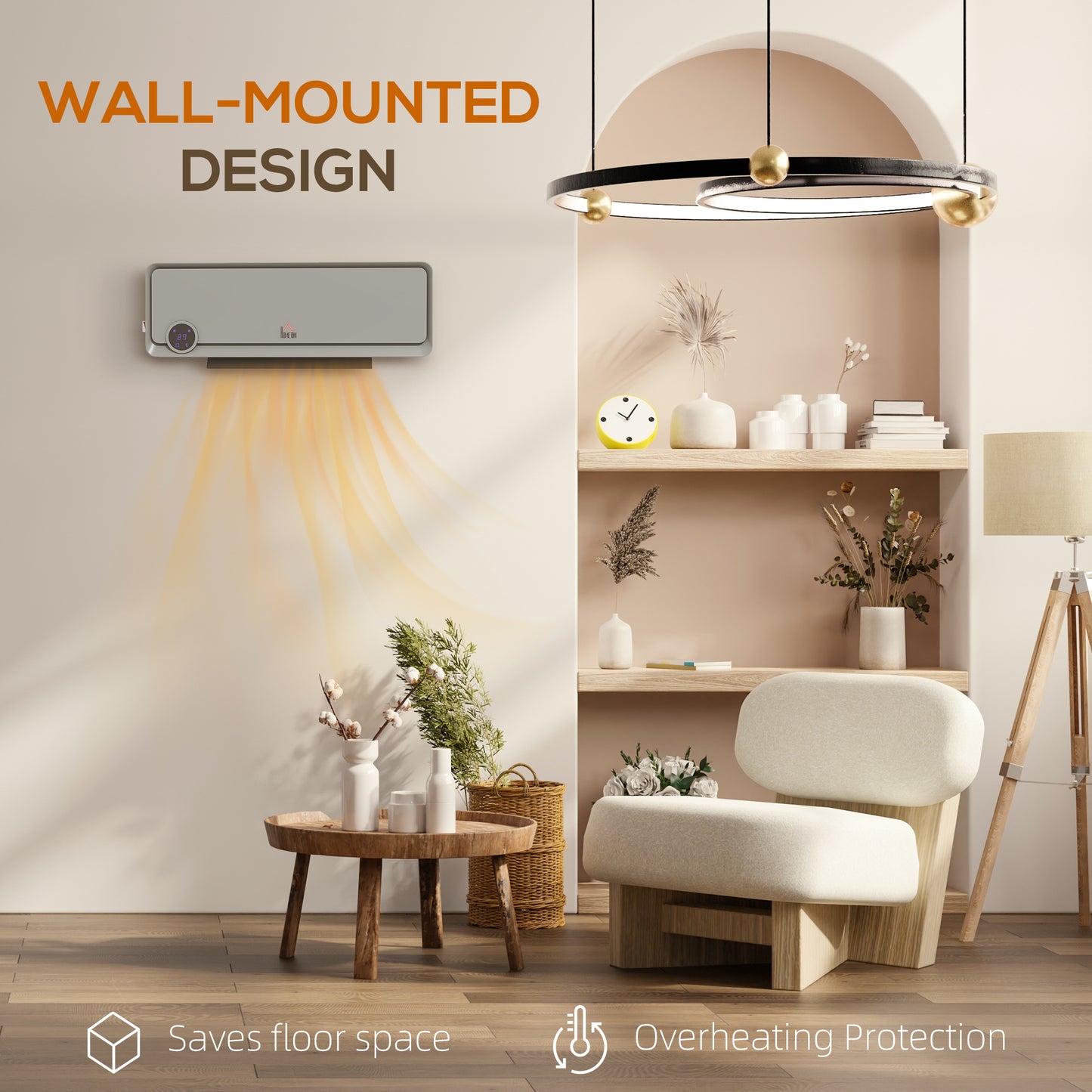 Wall Downflow Heater 2 Heat and Fan 1000W/2000W, Electric Space Heater with Timer Remote Oscillating, for Bedroom Home Office, Grey