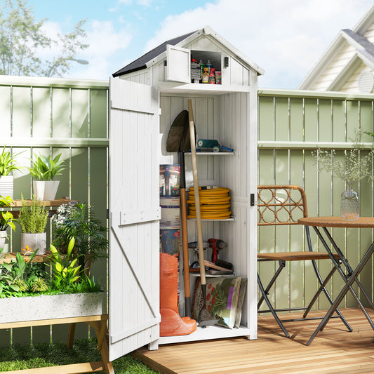 Tall Slim Fir Wood Garden Storage Shed | 3 Removable Shelves | Asphalt Roof | Roof Hatch Window | Door Latch | 2-Layer Water-Resistant Paint | 77x54.2x179cm | Light Grey