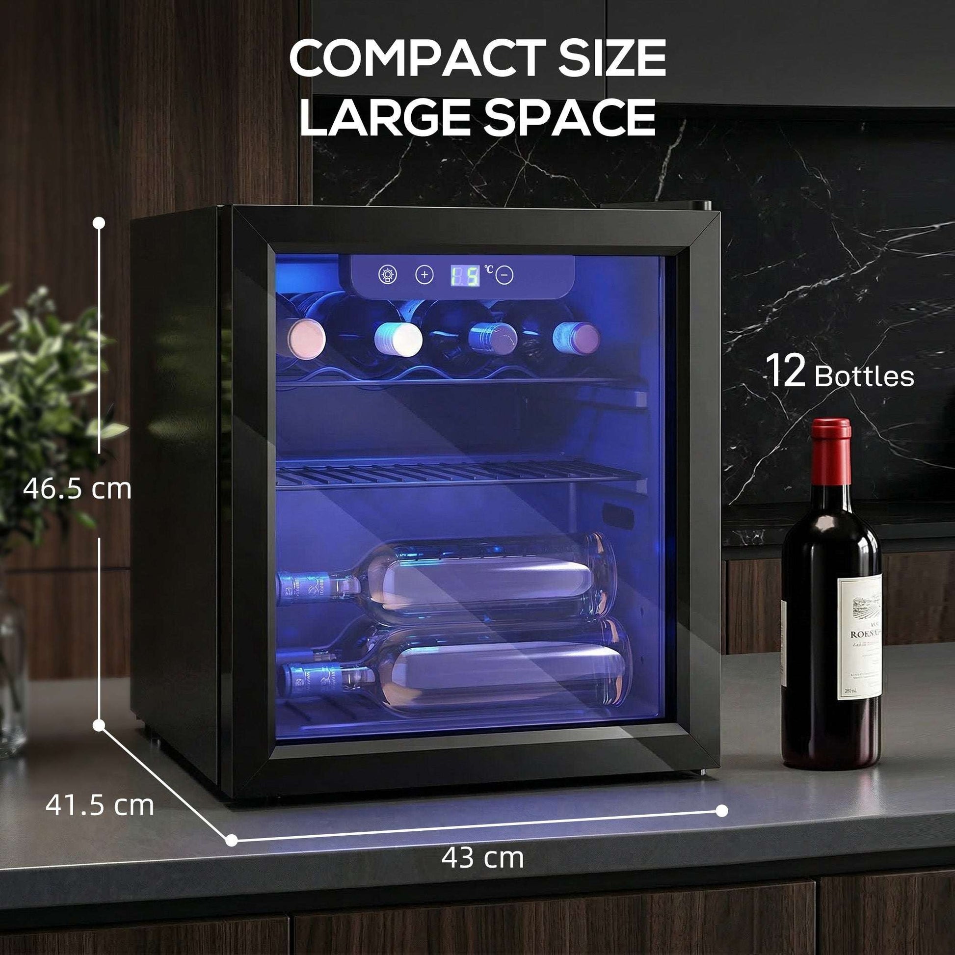12 Bottle Wine Cooler, 36 Litre Capacity, 4-16°C Under Counter Drinks Beer Wine Fridge with Glass Door, LED Light, Black