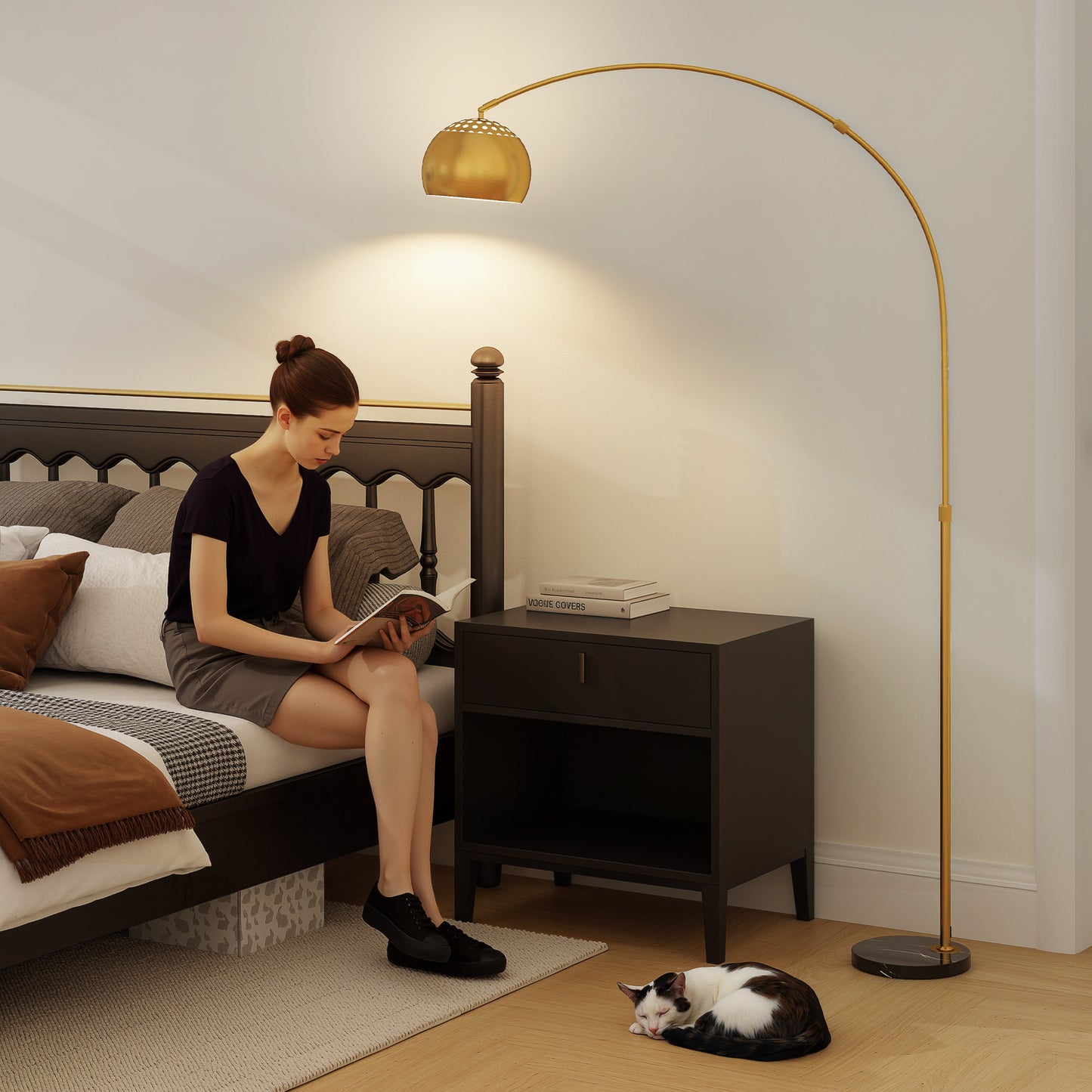180cm Arc Floor Lamp for Living Room, Home Offices, Bedrooms, Modern Standing Lamp with Foot Switch, Faux Black Marble Base, Black Bell Shade
