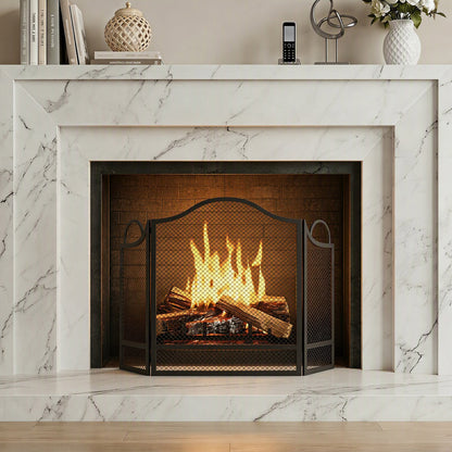 3-Panel Folding Fireplace Screen | Floral Design | Powder-Coated Metal | Spark Guard | Hearth Protection | Adjustable | Folds to 67x2x74cm | Open 122x1x74cm | Side Panels 27x64cm | Black
