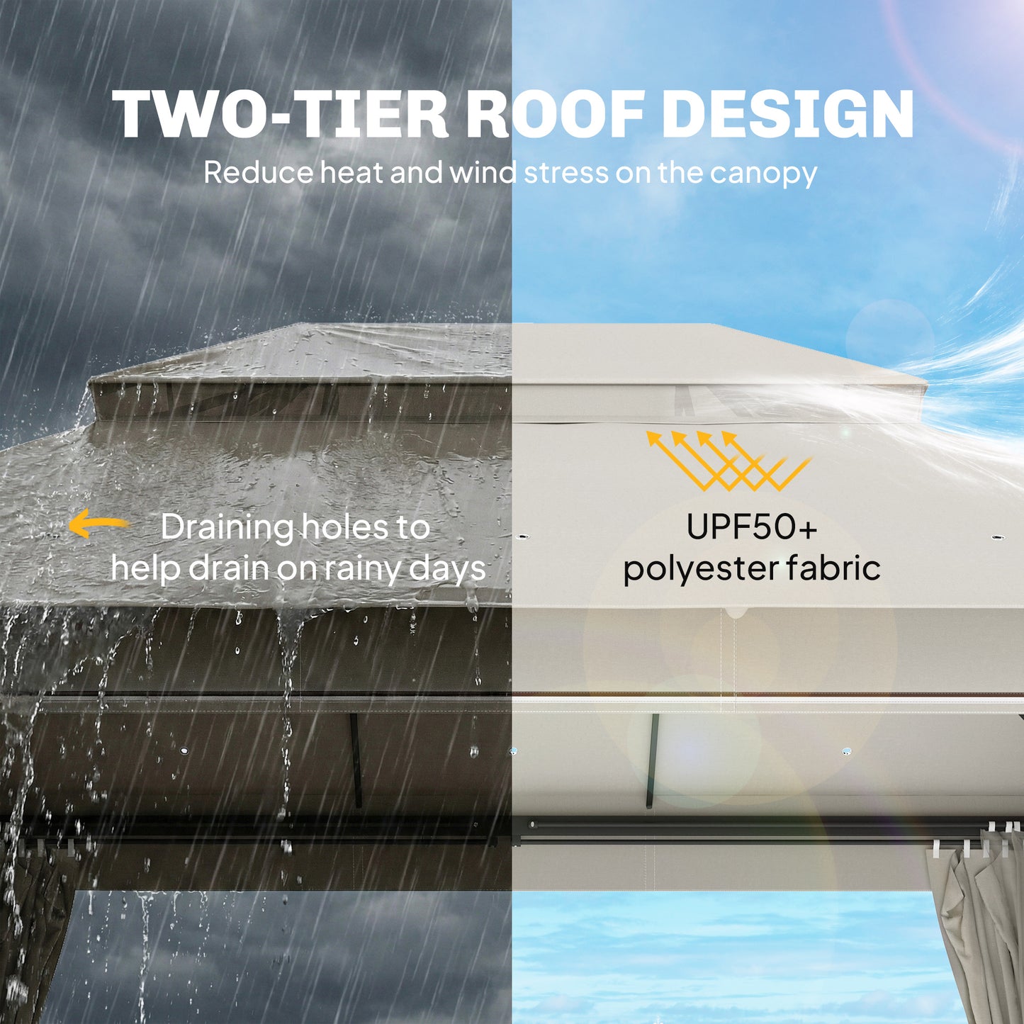 4x3m Permanent Garden Gazebo & Pavilion | UPF50+ | Privacy Curtains | Mesh Netting | Drainage | Metal Frame | Beige