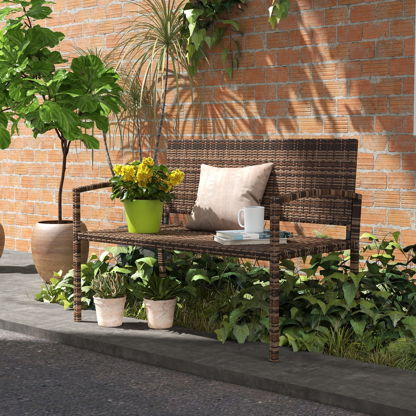 2 Seater Rattan Garden Bench Loveseat | High Back | Armrests | UV & Weather Resistant PE Wicker | Metal Frame | Foot Pads | 240kg | 122x60x85cm | Brown