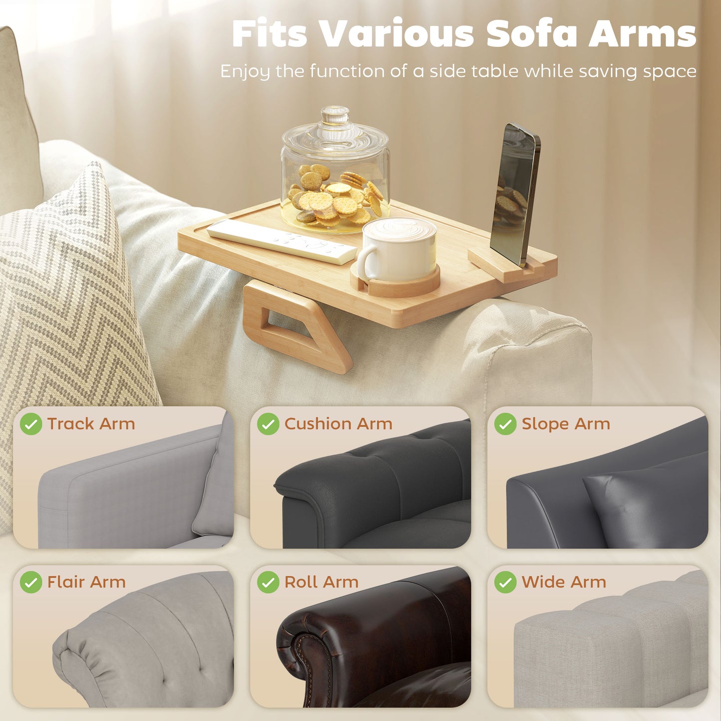 Bamboo Sofa Armrest Tray | 360° Phone & Tablet Holder | Removable Cup Holder | Anti-Slip | No Assembly | Natural