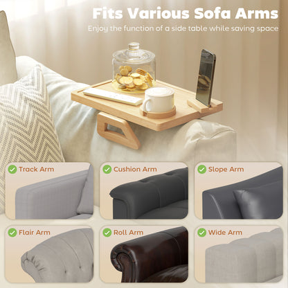 Bamboo Sofa Armrest Tray | 360° Phone & Tablet Holder | Removable Cup Holder | Anti-Slip | No Assembly | Natural