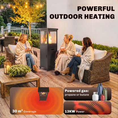 13kW Gas Patio Heater | Propane & Butane | Stepless Control | Piezo Ignition | Tempered Glass Wind Guard | 45° Tilt Shut-Off | Lava Rocks | 4 Wheels (2 Lockable) | 30m² | 46x46x137cm | Black