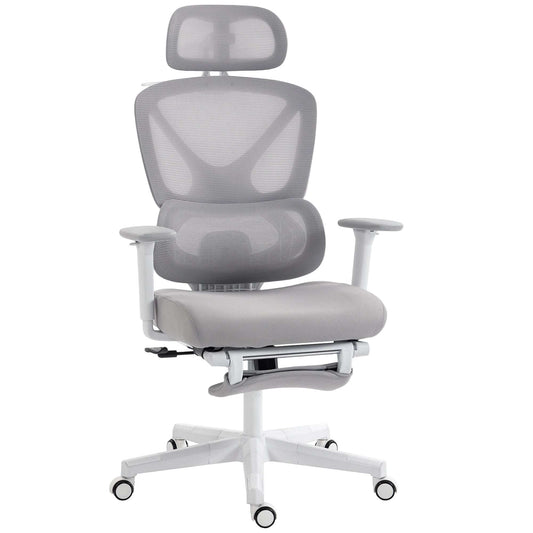 Ergonomic Office Chair | Adjustable Headrest | 3D Armrests | Lumbar Support | 135° Recline | Footrest | Breathable Mesh | 135kg | Grey
