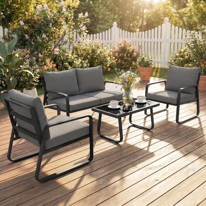 4-Piece Garden Sofa Set | Loveseat, 2 Armchairs & Glass Table | 16cm Cushions | Zip Covers | Black